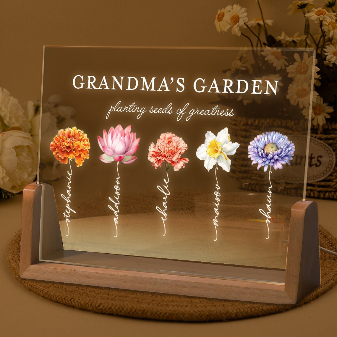 Custom Grandma's Garden Birth Month Flower Night Light with Kids Names Keepsake Gifts for Grandma Mum Mother's Day Gift