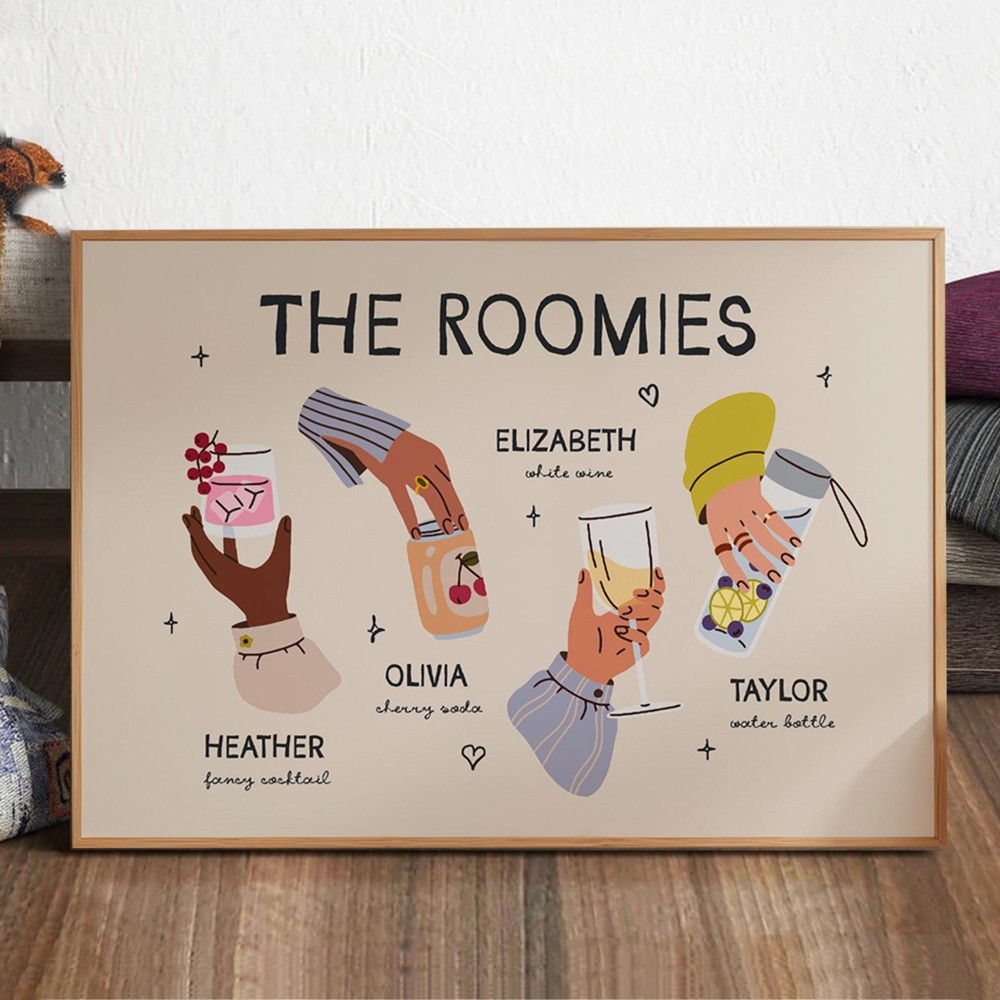 Personalised Roommates Drinks Art Print Frame with Names College Apartment Dorm Art Unique Gifts for Friends