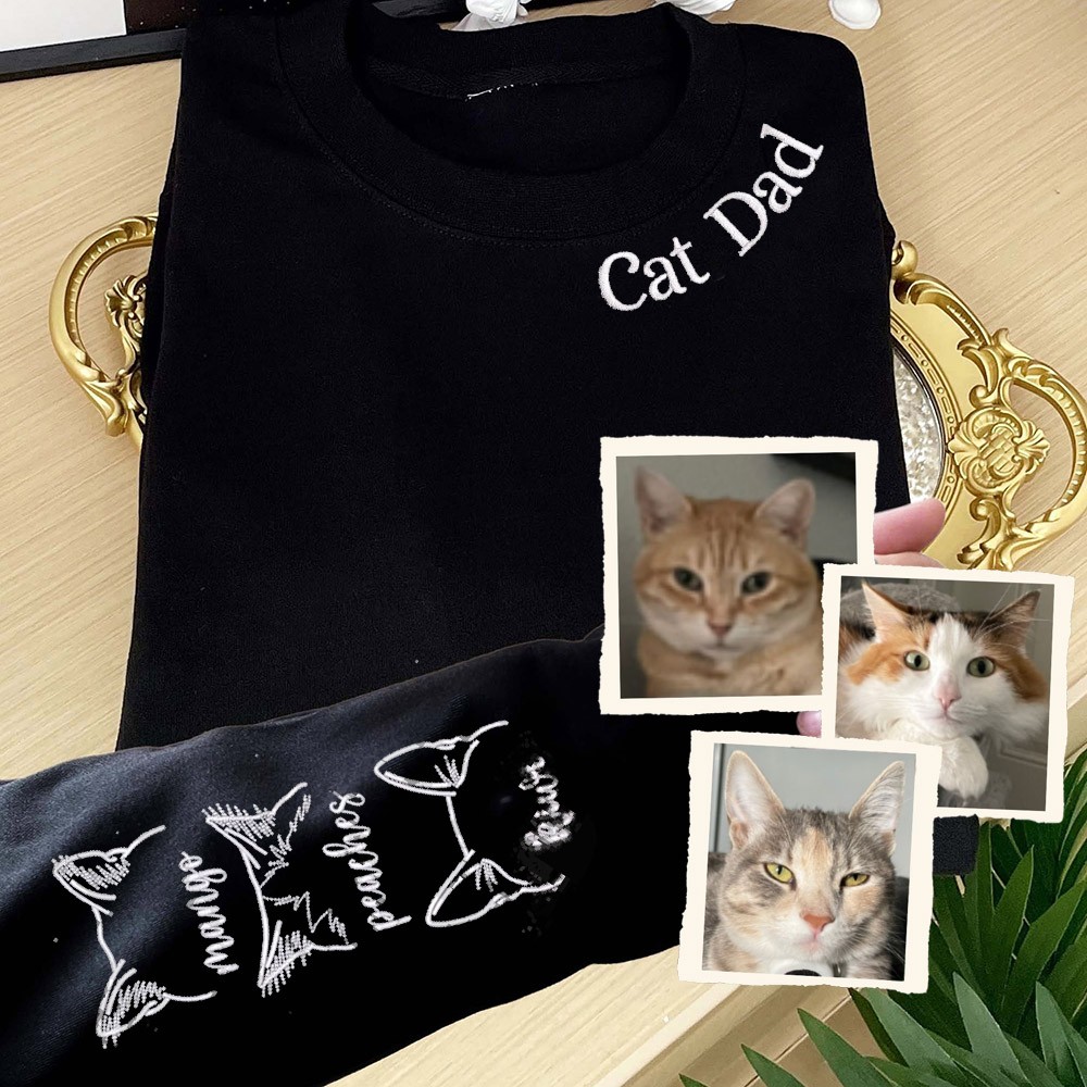 Personalised Cat Dad Neckline Embroidered Sweatshirt Hoodie Unique Gifts For Pet Lover Father's Day Gift