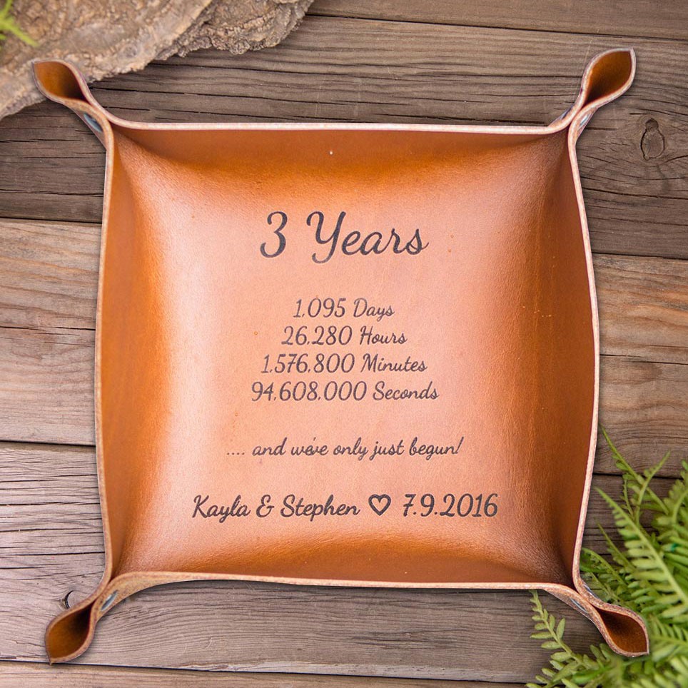 Custom Engraved Leather Valet Tray for Husband 3 Years Anniversary Gift for Him Christmas Gift