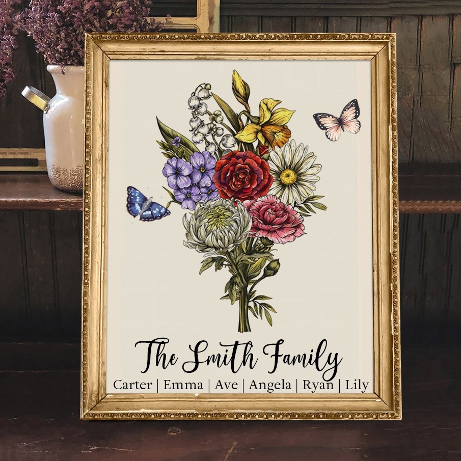 Birth Flower Family Bouquet Frame Sign with Kids Names Personalised Gifts for Mum Grandma Family Christmas Gift