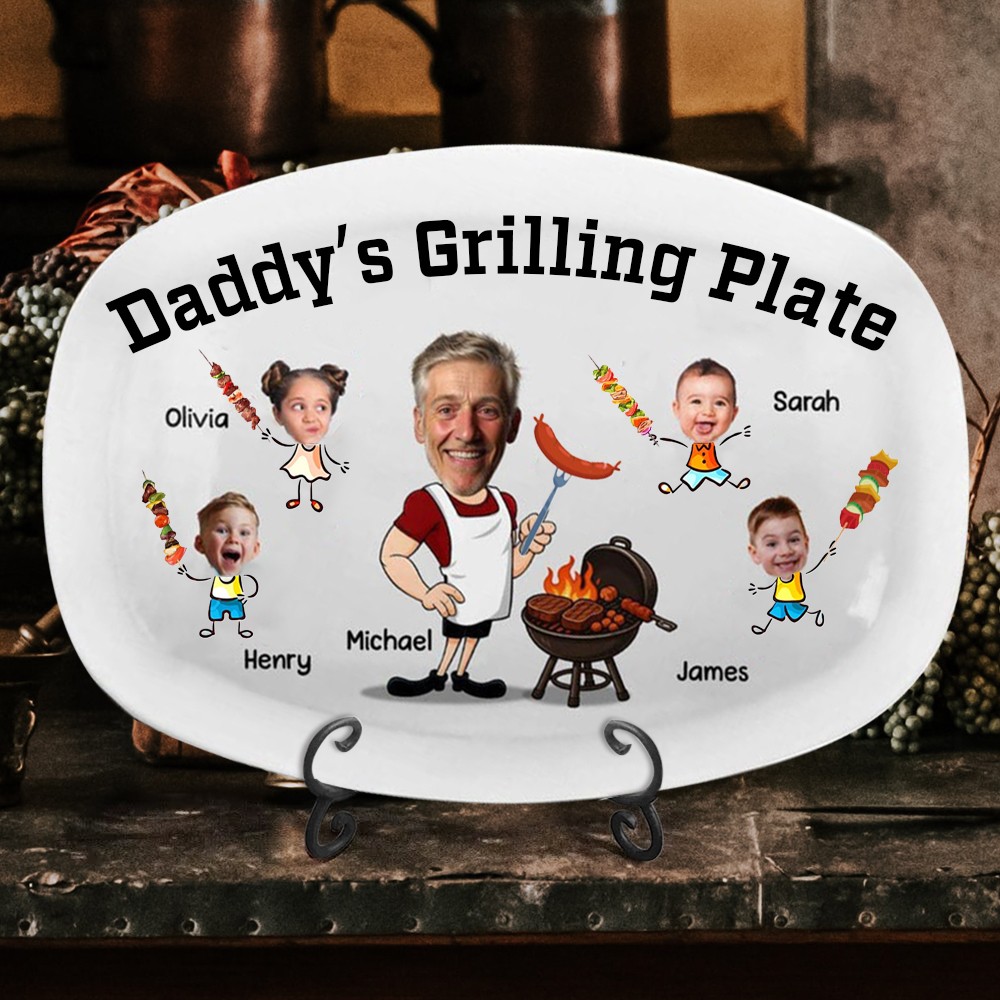 Custom Kids Photo Daddy Grill Platter Daddy Platter Gifts Gift For Dad From Kids Personalised Grilling Plate Papa With Kids Names Father's Day Gifts