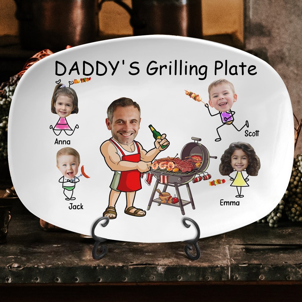 Personalised Daddy's Grilling Plate with Kids Names Custom Portrait Grilling Platter Funny Family Kitchen BBQ Platter Gift For Dad Birthday Gifts Unique Father's Day Gift Ideas