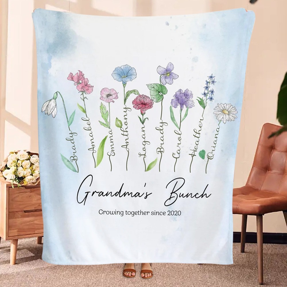 Personalised Birth Month Flower Blanket for Mum, Grandma