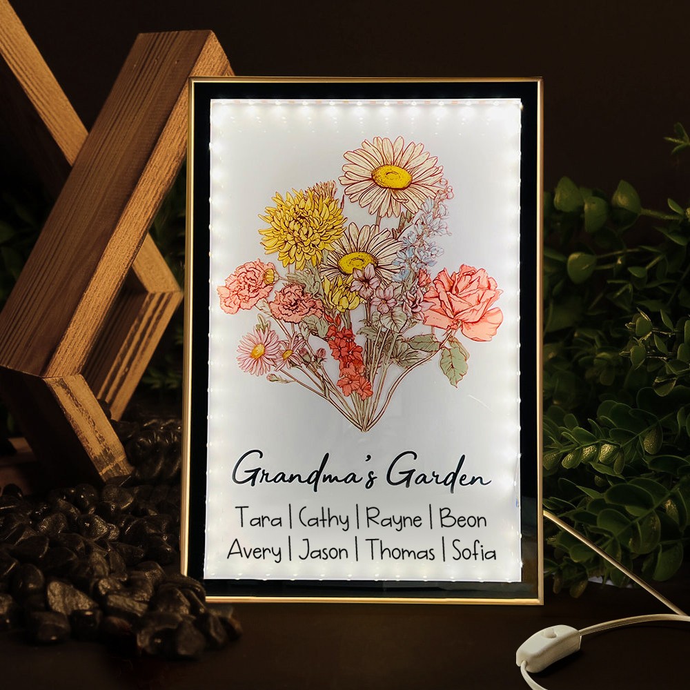 Personalised Grandma's Garden Birth Month Flower Bouquet Print Night Light Lamp With Grandkids Names Unique Birthday Gift For Mum Grandma Baby Shower Gift Mother's Day Gift