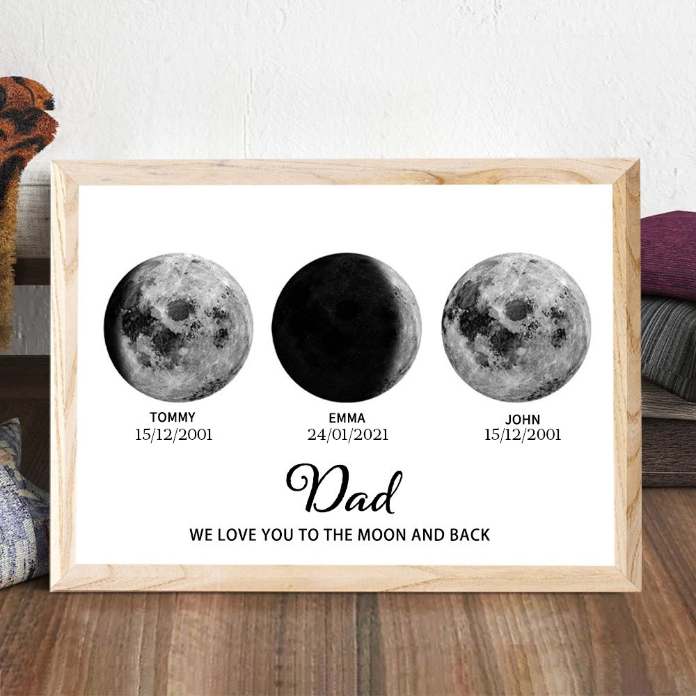 Dad We Love You To The Moon And Back Personalised Moon Phase Print Frame Father's Day Gift Ideas