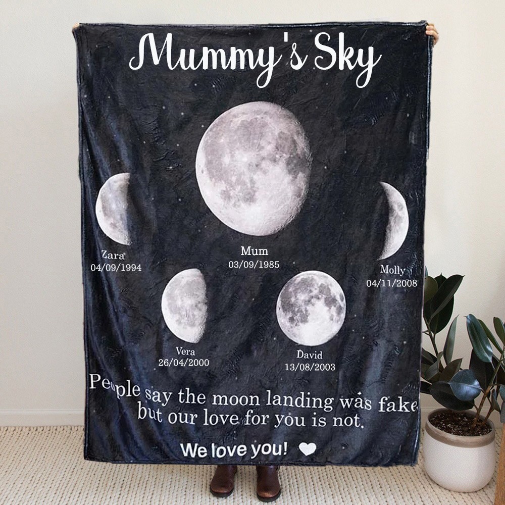 Personalised Mummy's Sky Moon Phase Family Blanket With Kids Names Unique Birthday Keepsake Gift For Mum