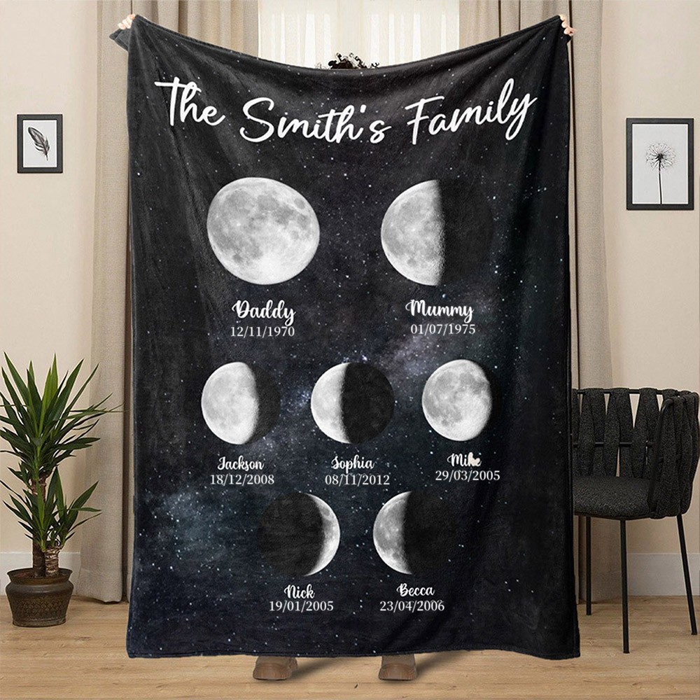 Personalised Moon Phase Family Blanket with Kids Names Family Keepsake Gifts