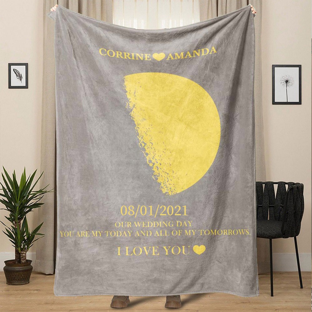 Personalised Moon Phase Blanket with Name and Date Unique Gifts for Couple Soulmate Anniversary Gift