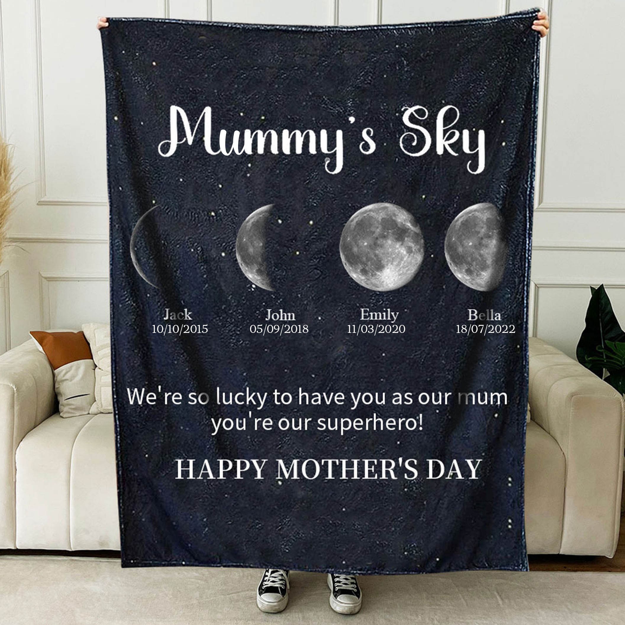 Personalised Mummy's Sky Moon Phase Blanket With Kids Names and Date Perfect Gift For Mum Family Gift Ideas