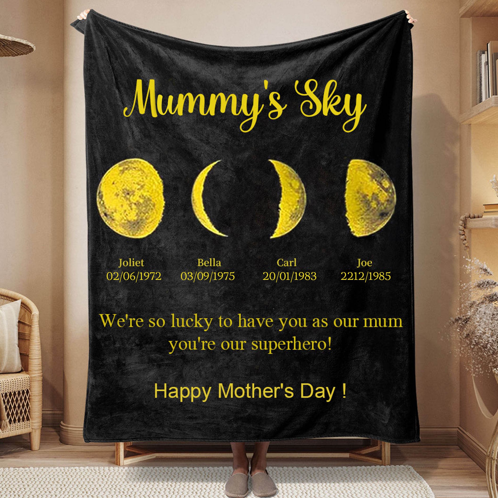 Mummy's Sky Personalised Moon Phase Blanket With Kids Names and Date Unique Gift For Mum Mother's Day Gift Ideas