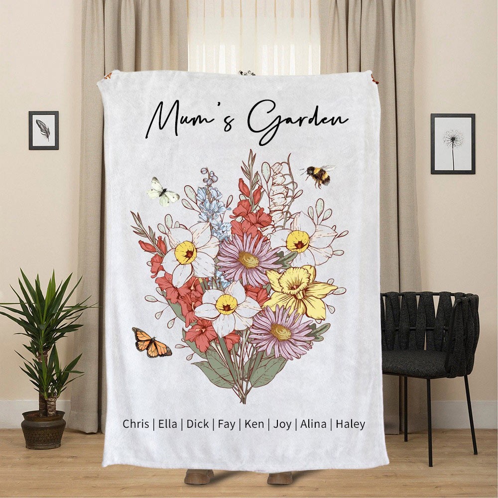 Personalised Mum's Garden Birth Flower Bouquet Family Blanket Gifts For Mum Grandma Mother's Day Gift