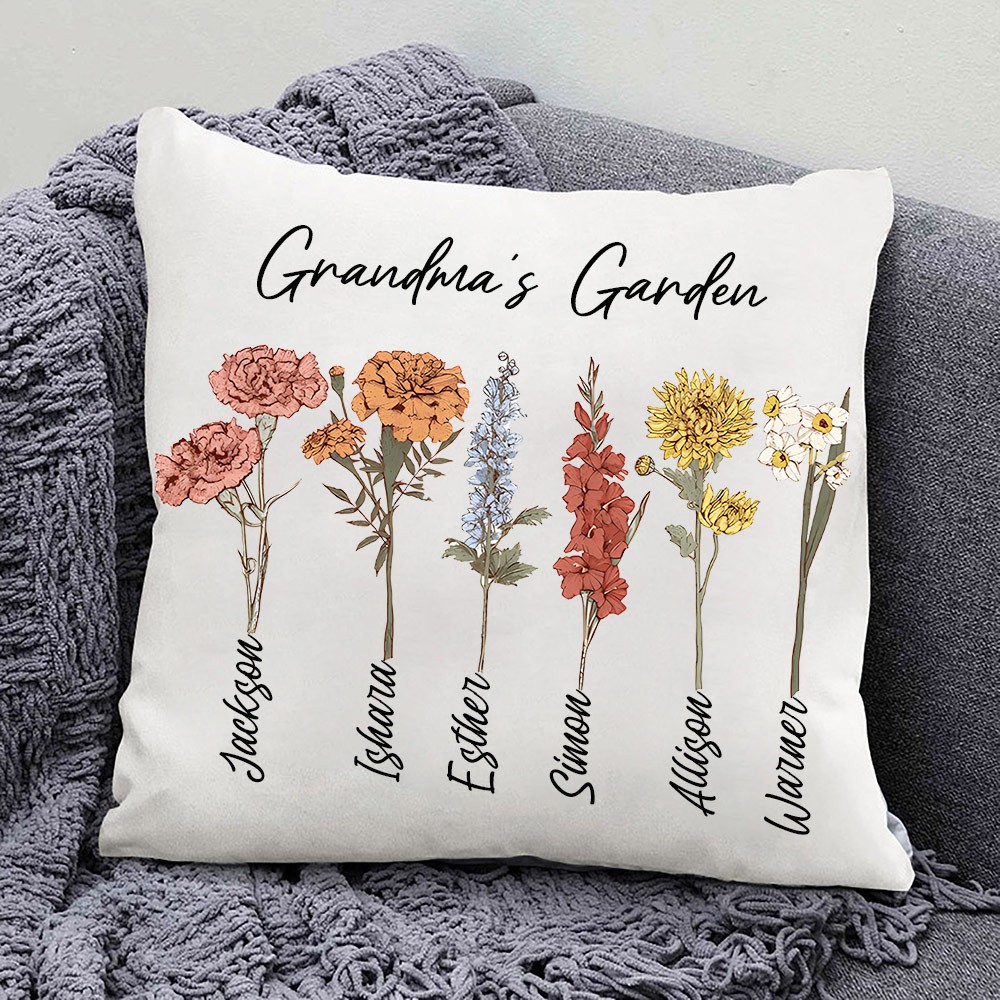 Personalised Grandma's Birth Flower Pillow with Kids Names