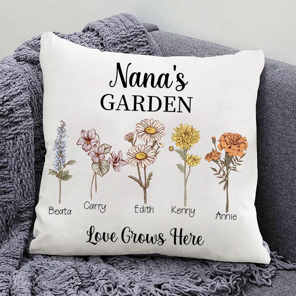 Personalised Nana's Garden Birth Flower Pillow with Kids Names