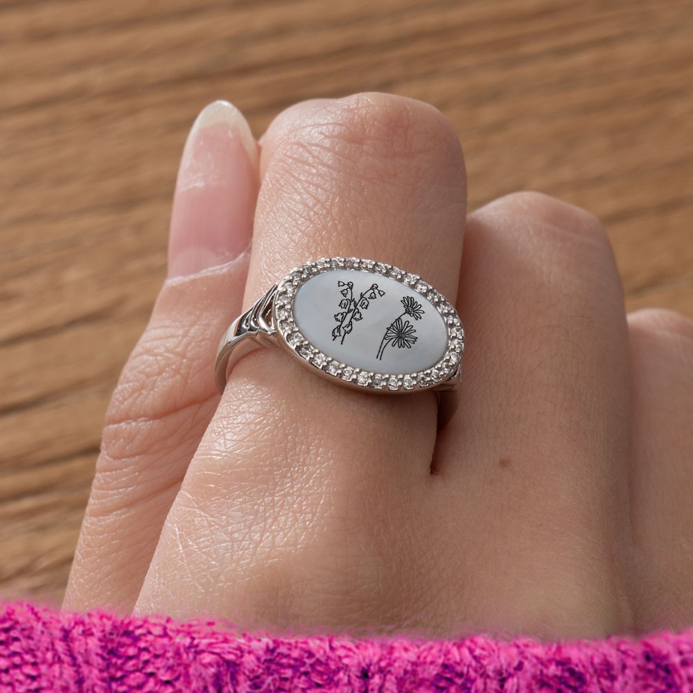Personalised Oval Shell Birth Flower Ring