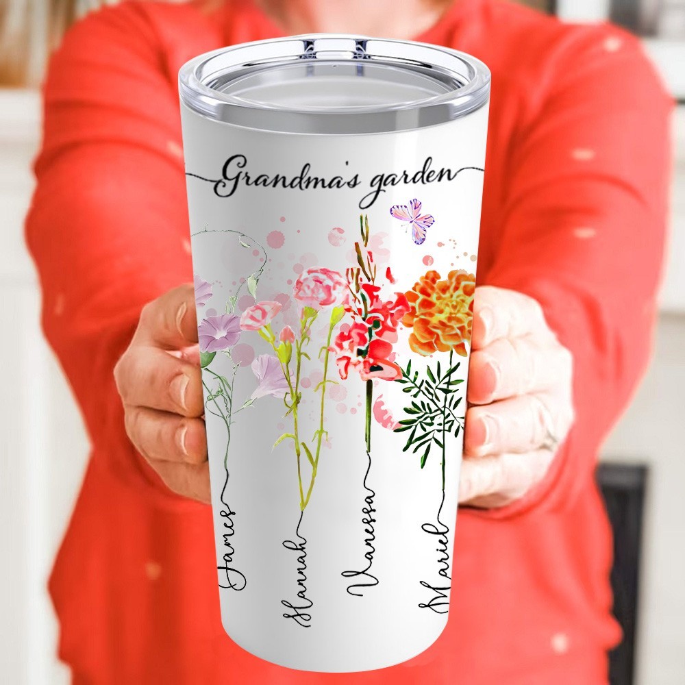 Personalised Birth Flower Print Art Tumbler For Mum Grandma