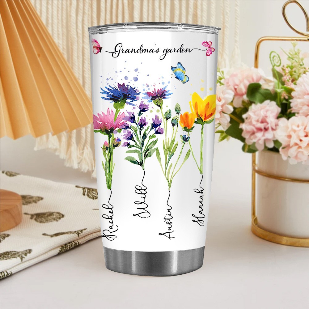 Personalised Birth Flower Bouquet Print Art Tumbler with Names