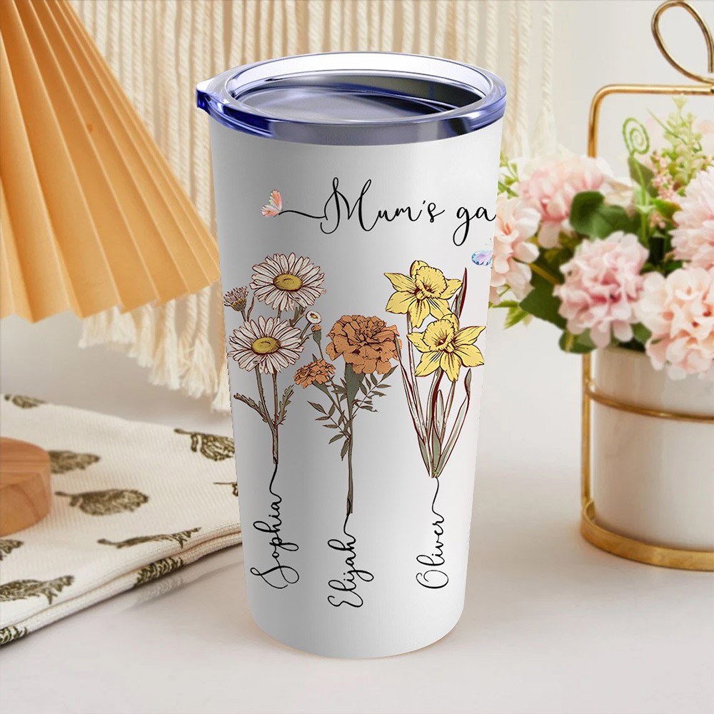 Personalised Mum's Garden Birth Flower Tumbler with Kids Names 