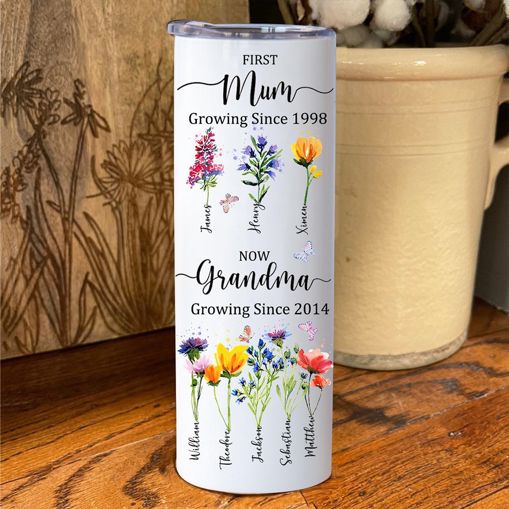 Personalised First Mum Now Grandma Birth Flower Tumbler Unique Gifts for Grandma Mum Christmas Gift Ideas