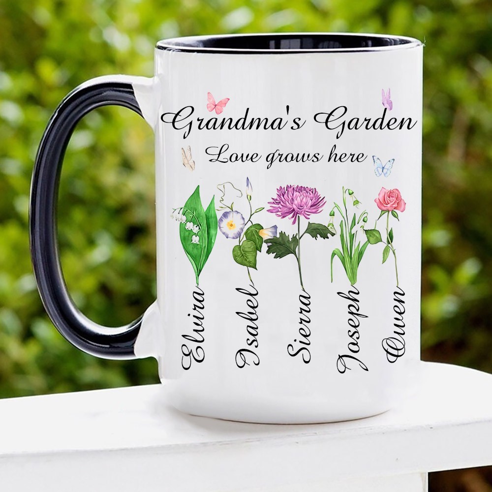 Personalised Love Grows Here Birth Flower Mug for Her