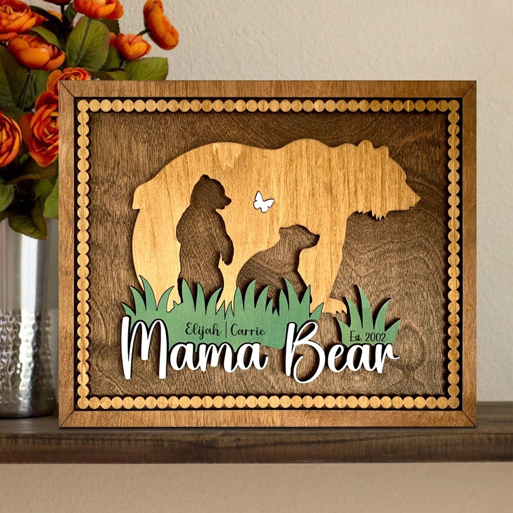 Personalised Mama Bear Wooden Family Sign with Kids Names 