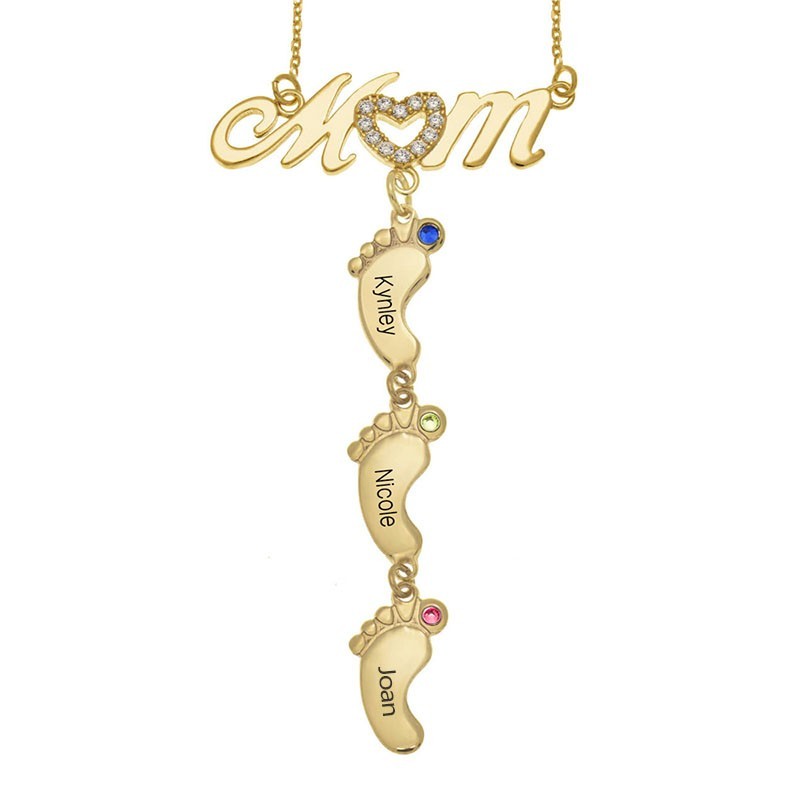 Personalised 1-10 Baby Feet Pendants Family Birthstone Necklace With Engraved Name Birthday Gift For Mum Grandma