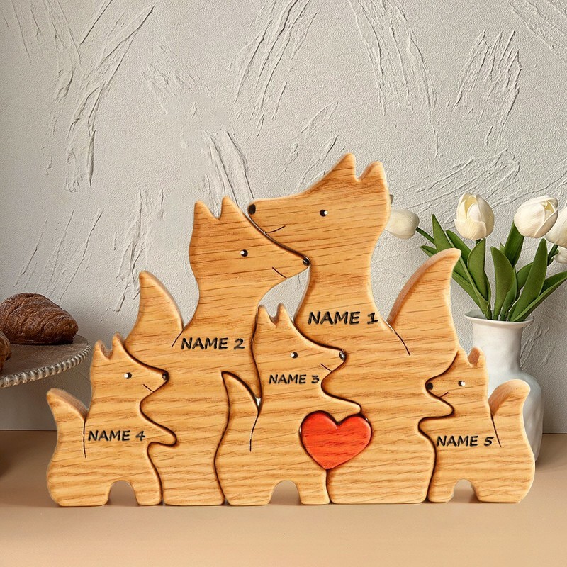 Personalised Wooden Fox Figurines Family Puzzle with Names