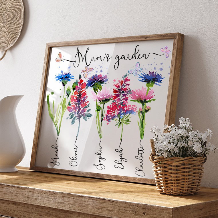 Custom Mum's Garden Birth Flower Frame Wood Sign with Kids Names Unique Gifts for Mum Grandma Mother's Day Gift Ideas