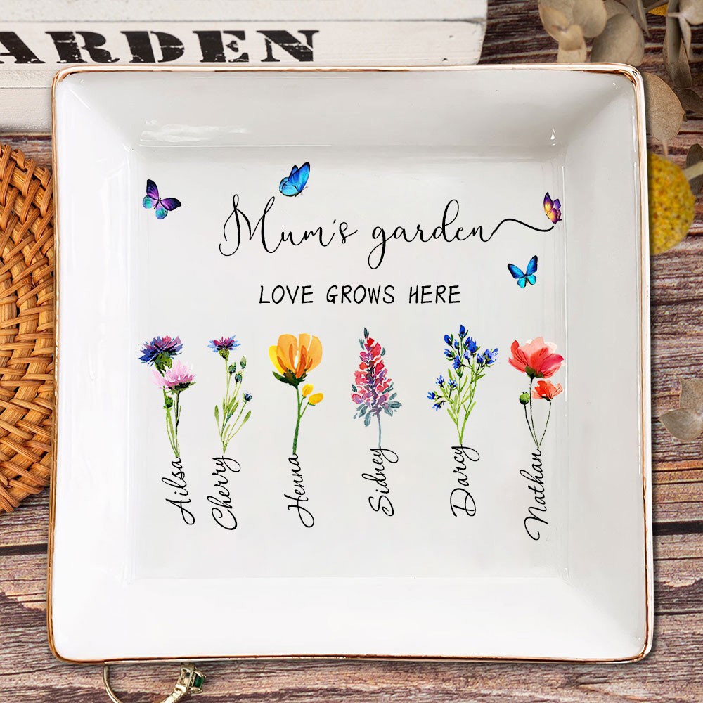 Personalised Mum's Garden Birth Flower Jewellery Dish with Kids Names Christmas Keepsake Gift for Mum Grandma