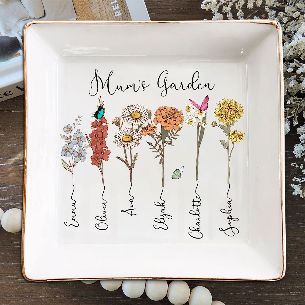 Personalised Mum's Garden Birth Flower Jewellery Dish with Kids Names Unique Christmas Gift for Mum Grandma
