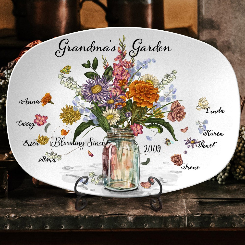 Custom Grandma's Garden Blooming Birth Flower Platter With Grandkids Names Mother's Day Gift Keepsake Gift for Mum Grandma