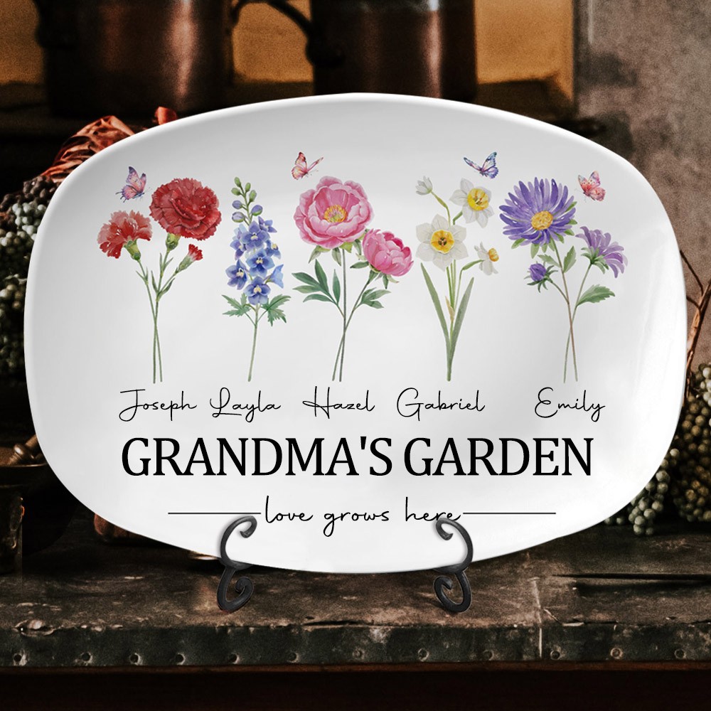 Personalised Love Grows Here Birth Flower Platter Mother's Day Gift