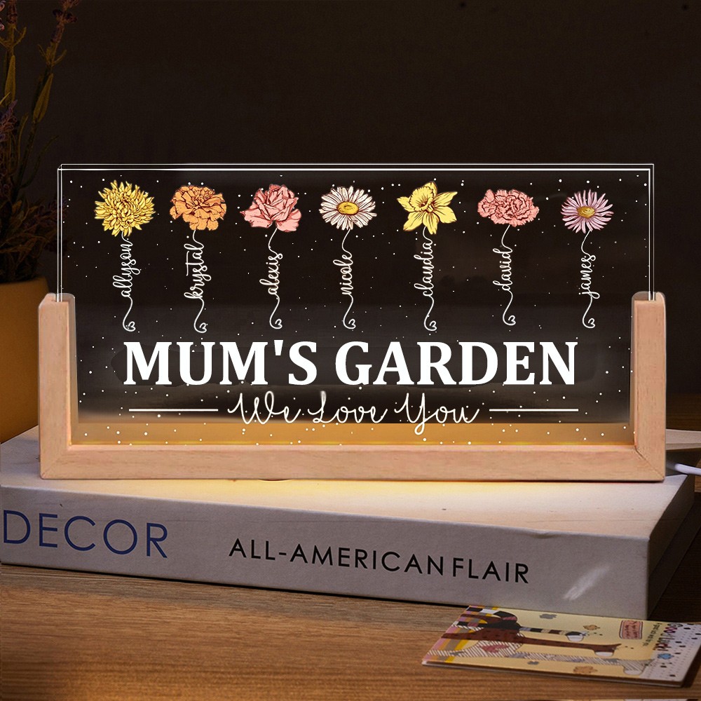 Personalised Mum's Garden We Love You Birth Flower Wood Night Light Unique Christmas Gifts For Mum Grandma 