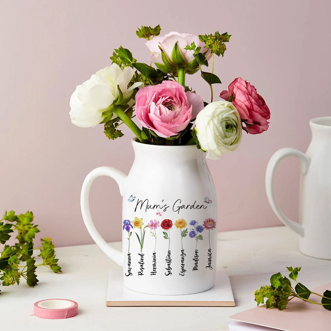 Personalised Mum's Birth Flower Vase with Kids Names