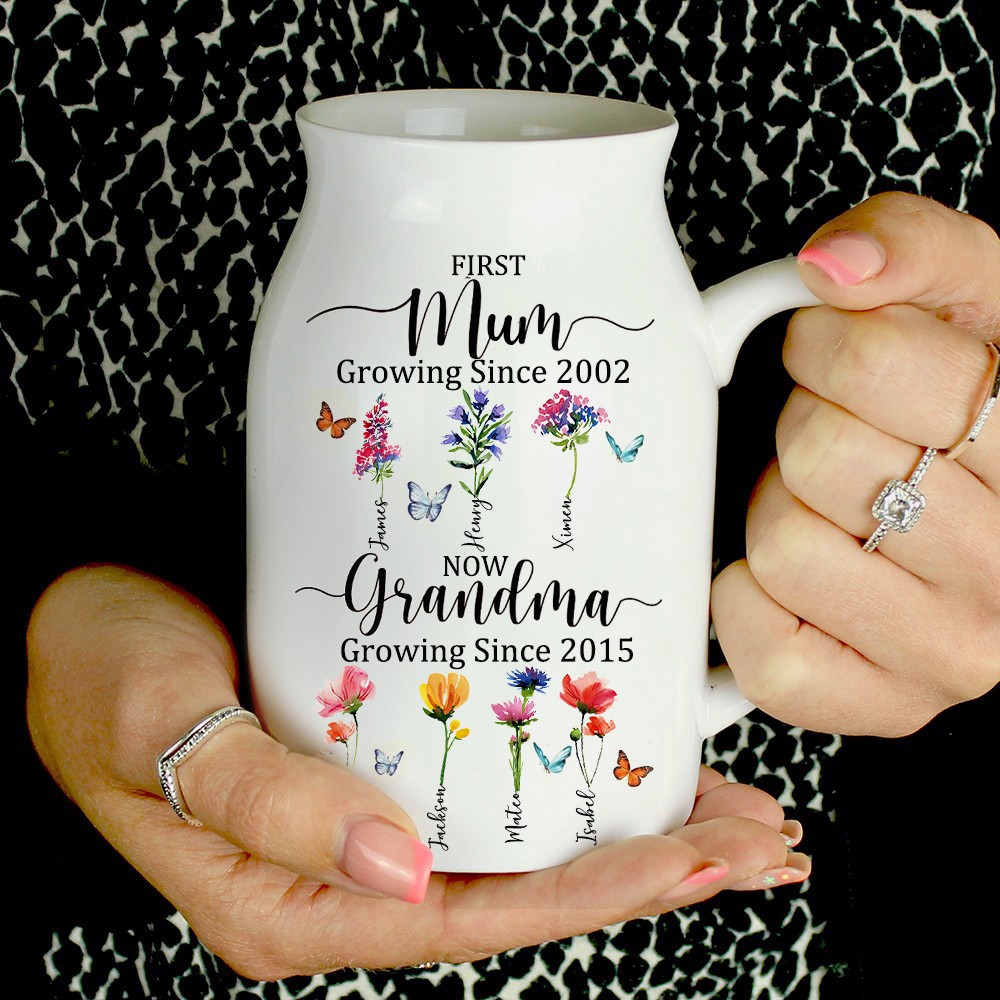 Custom First Mum Now Grandma Birth Month Flowers Vase Gift For Mum Grandma Mother's Day Gift Ideas