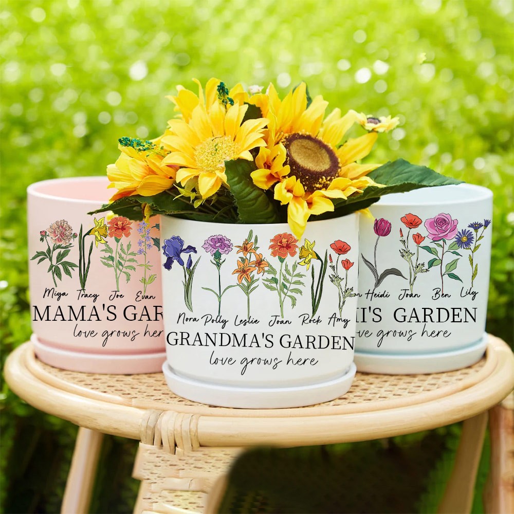 Personalised Birth Flower Plant Pot with Kids Name Mother's Day Gift