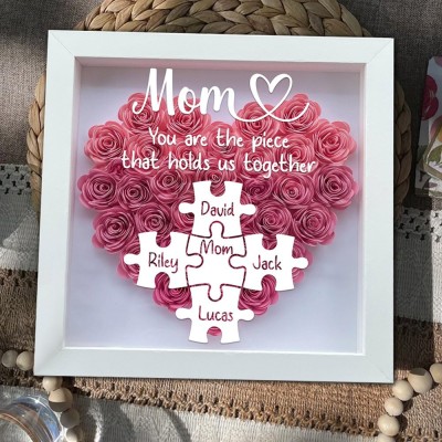 Mum You Are The Piece That Holds Us Together Personalised Mum Puzzle Heart Flower Shadow Box Gifts for Mum Mother's Day Gift