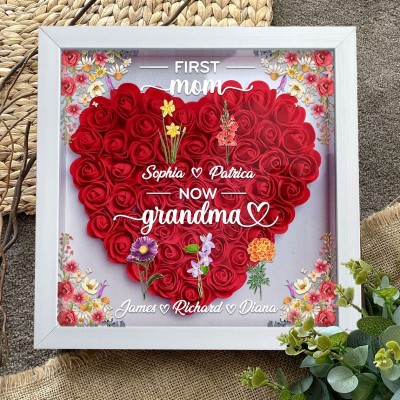 First Mum Now Grandma Flower Shadow Box with Birth Month Flower Custom Gift for Mum Grandma Mother's Day Gifts