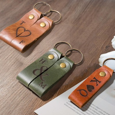 Personalised Couple Matching Leather Keychain Set with Initials Anniversary Gift for Her Him Valentine's Day Gifts for Couples