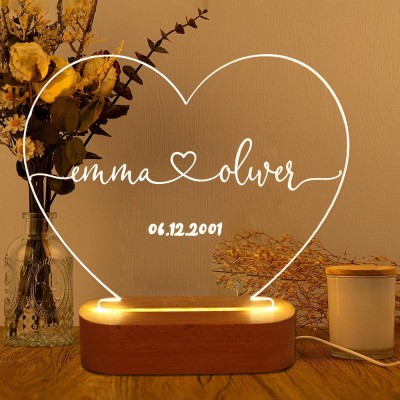 Personalised Heart Night Light with Name and Date for Couples Anniversary Gifts for Her Valentine's Day Gift Ideas