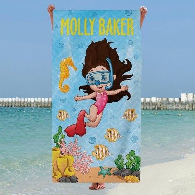 Custom Cartoon Under The Sea Scuba Diver Beach Towel with Name Beach Party Gifts for Kids Summer Gift for Boys Girls