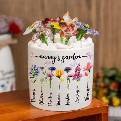 Nanny's Garden Birth Month Flower Pot with Kids Names Personalised Gift for Mum Grandma Christmas Gifts