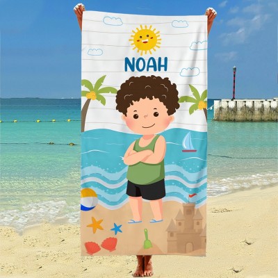 Personalised Cartoon Character Beach Towel with Name for Kids Summer Vacation Gift for Boys Girls