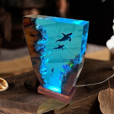 Daddy/Mother Orca Whale and Baby Orca Whale Resin Wood Lamp Family Keepsake Gifts Christmas Gift Ideas Birthday Gift