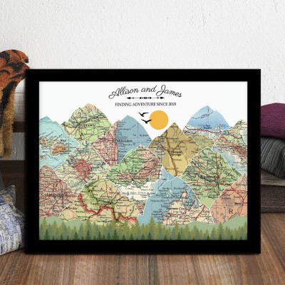 Personalised Adventure Travel Map Art Print Frame Unique Gift for Couples Wedding Anniversary Gift for Husband Wife