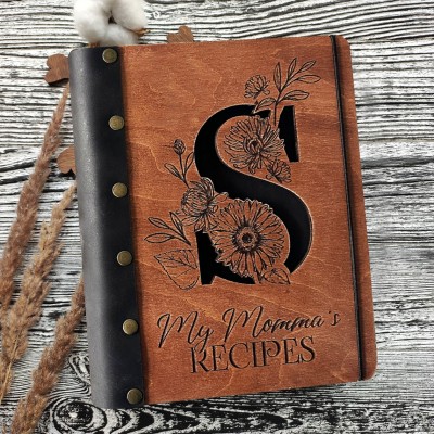 Personalised Leather Bound Recipe Book Blank Binder Wooden Cover Notebook for Mum Grandma Christmas Gifts