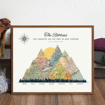 Personalised Adventure Travel Map Frame Mountain Art Print Anniversary Gift for Him Valentine's Day Gifts for Boyfriend Husband