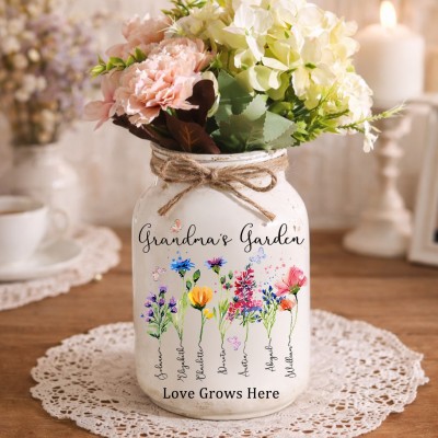 Personalised Grandma's Garden Birth Month Flower Vase for Mother's Day Gift Farmhouse Style Vase Gift for Grandma Mum