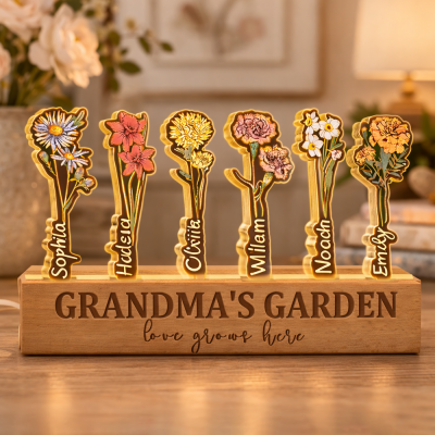 Personalised Grandma's Garden Birth Flower Night Light With Kids Names Unique Keepsake Gifts for Mum Grandma Mother's Day Gift Ideas