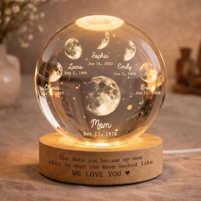 Personalised Moon Phase By Date Crystal Ball LED Night Light With Kids Name Mother's Day Gift